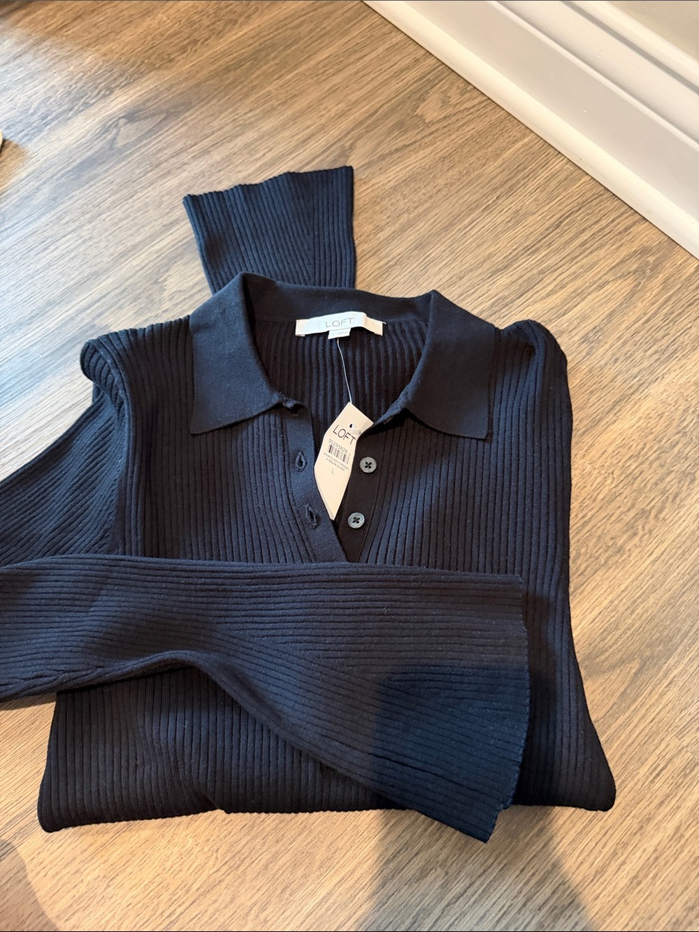 LOFT Black Ribbed Polo-Style Button Cardigan - Picture 2 of 2
